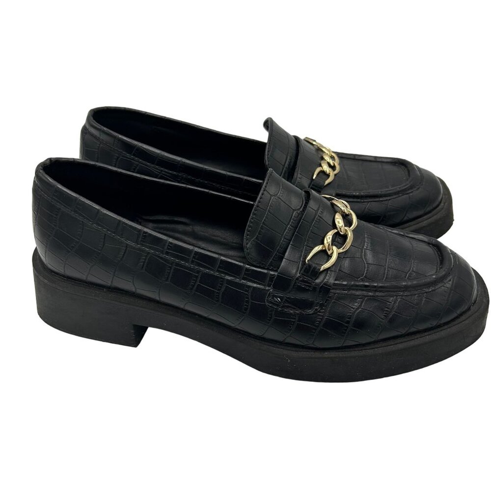 Kenneth Cole Reaction Sienna Lug Loafer Black Croc Pattern Gold Chain 8.5